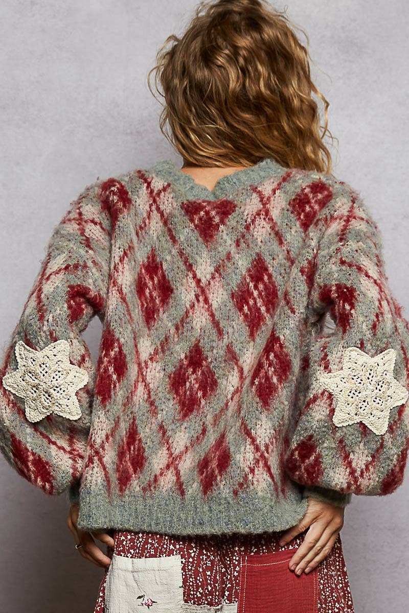 Round neck balloon sleeve Argyle mohair sweater top