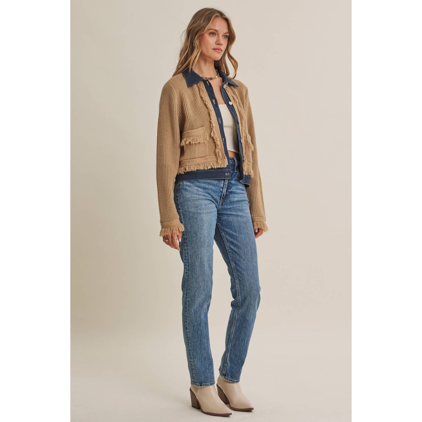 Denim  Layered Fringe Cardigan Jacket