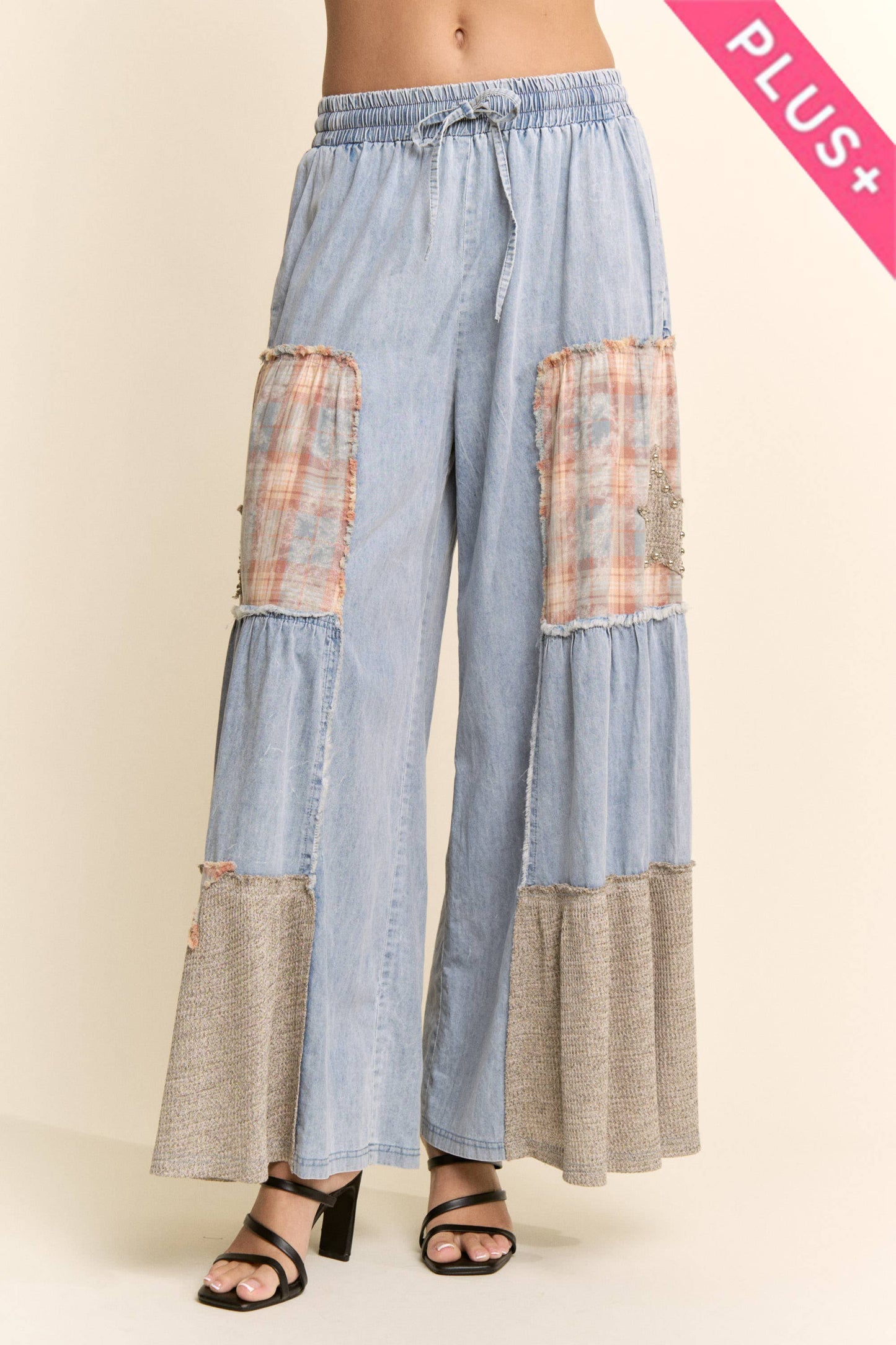 PLUS PRINTED DENIM LACE BLOCKED WIDE LEG PANTS