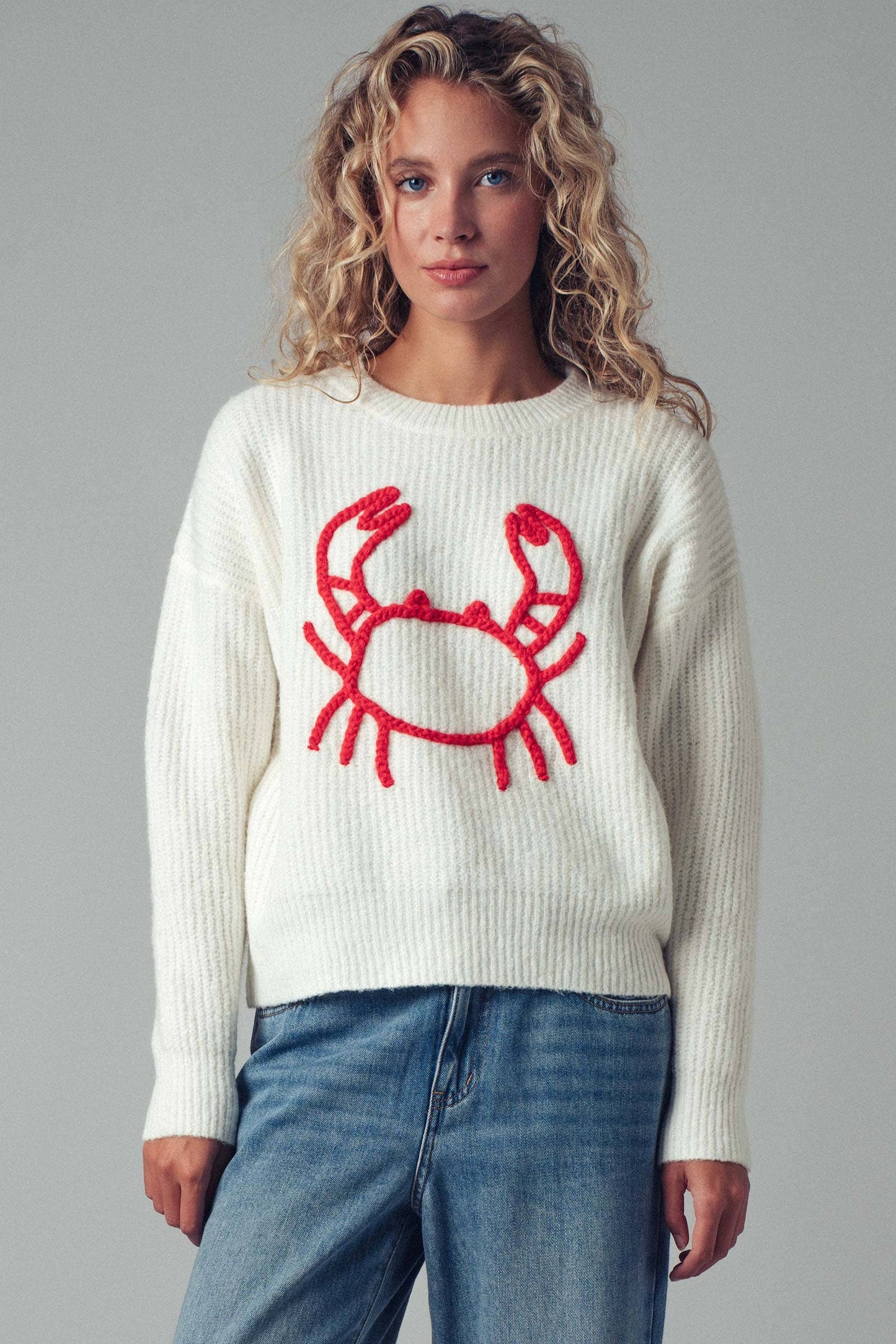 Chunky Crab Embroidered Knit Sweater