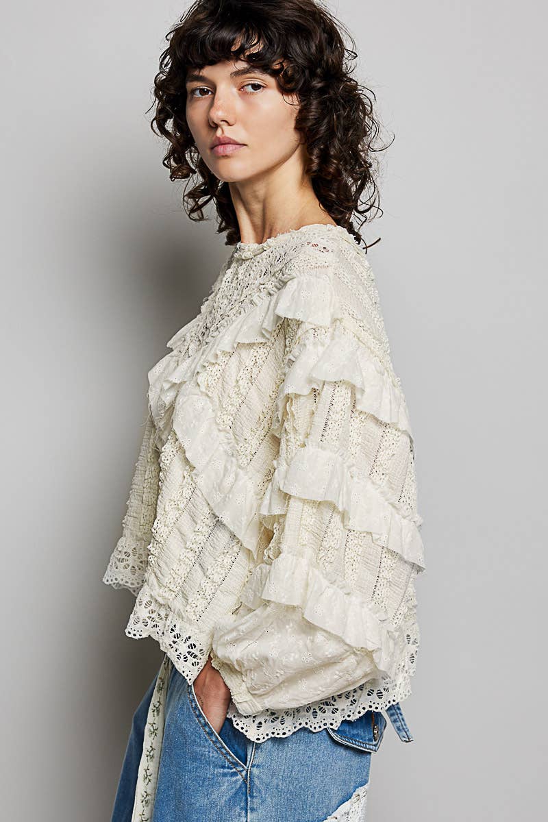 Eyelet Ruffle Raw Edge Trim Lace Solid Knit Top