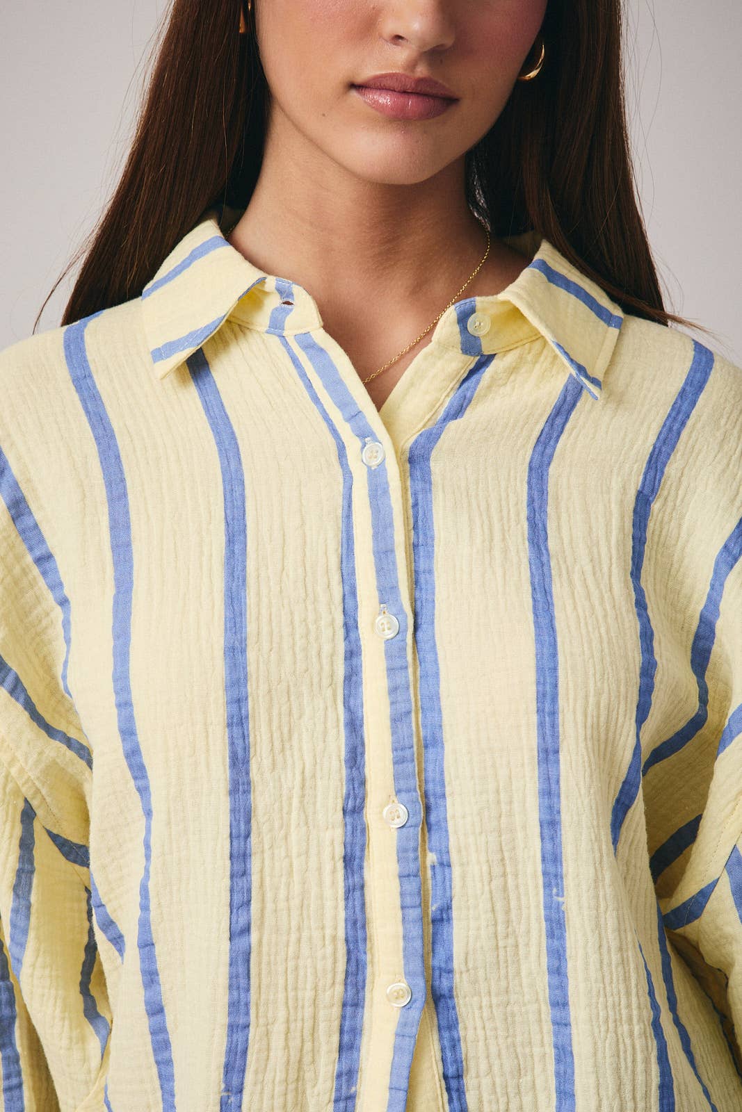 DOLMAN LONG SLEEVE BUTTON DOWN DOUBLE GAUZE STRIPE SHIRT