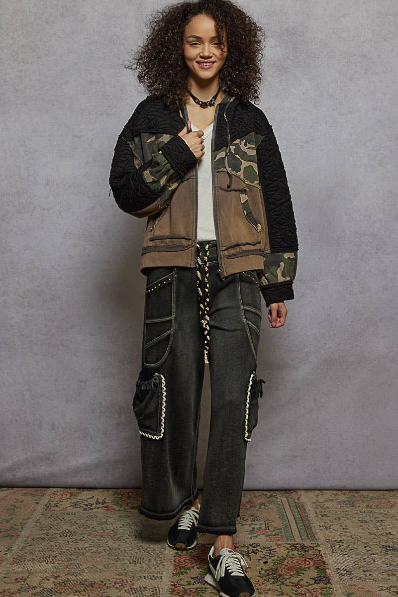 Long sleeve printed terry quilted knit hooded jacket