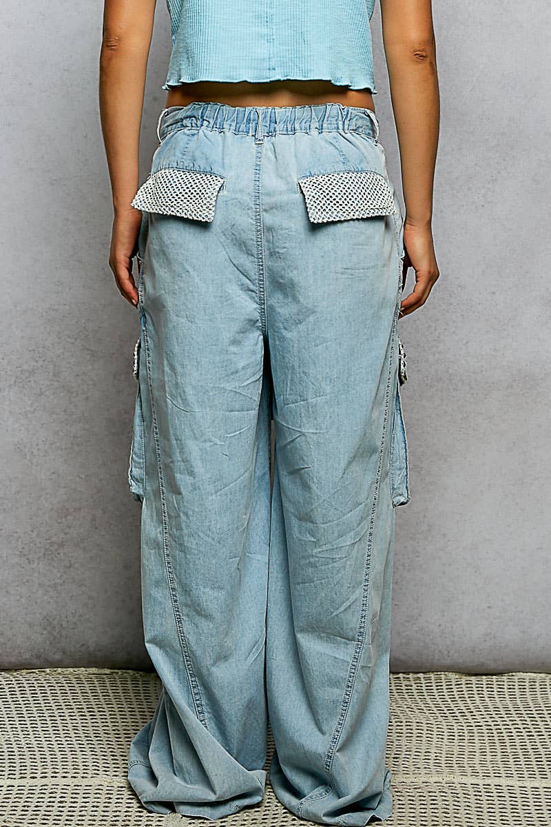 Novelty Drawstring Stud Accents Mesh Patches Woven Pants