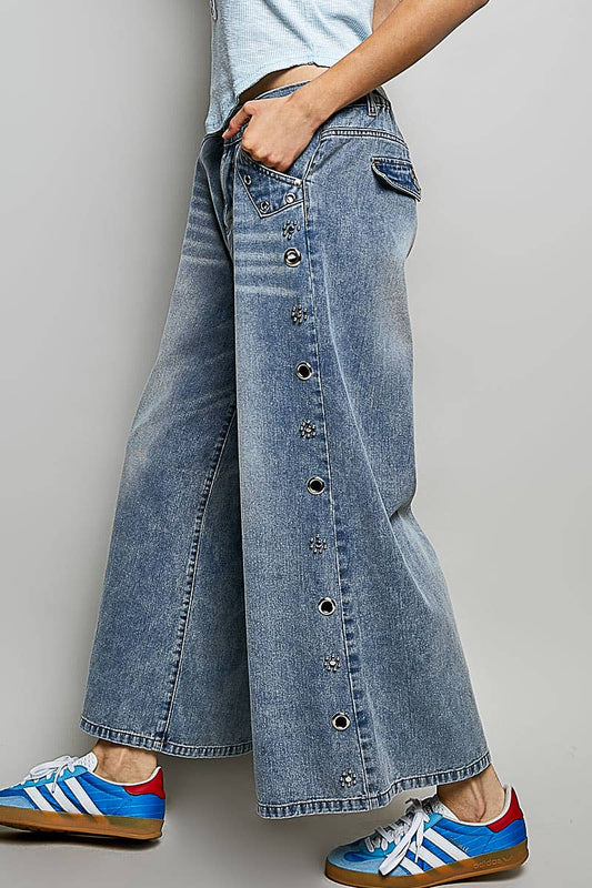 Low Rise Eyelet Studded Wide Leg Street Pants