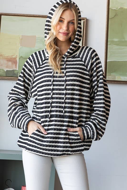 T6576HE19PL-Plus Stripe Jacquard Long Puff Sleeve Hoodie Top