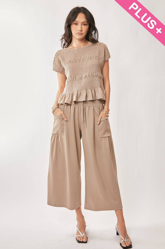 PLUS RUFFLE CAP SLEEVE TOP AND WAISTBAND PANTS SET