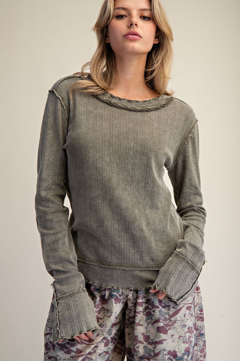 textured knit fitted top faded olive