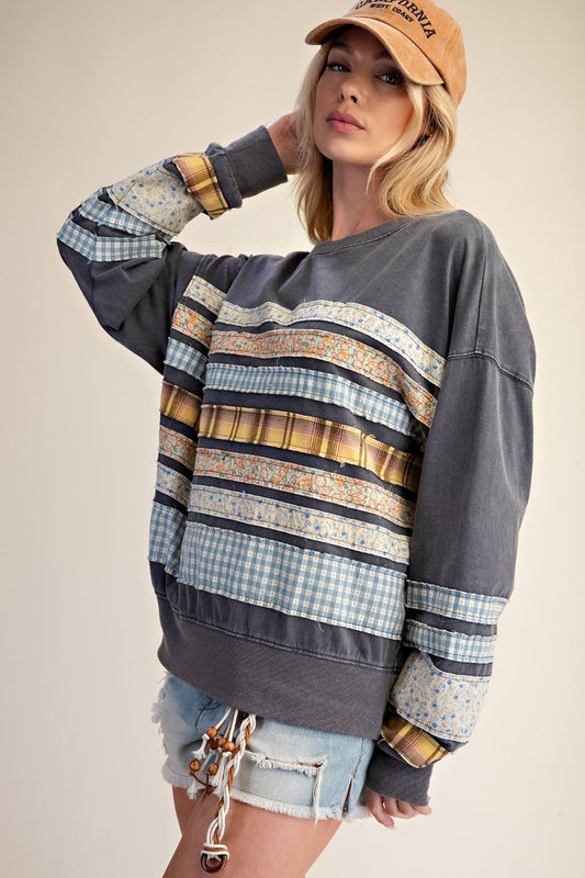 Mixed washed terry pullover