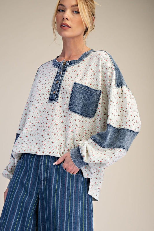 PRINTED WASHED THERMAL HENLEY TOP