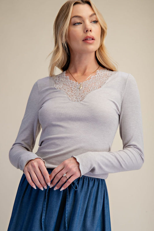 baby ribbed knit lace top Silver