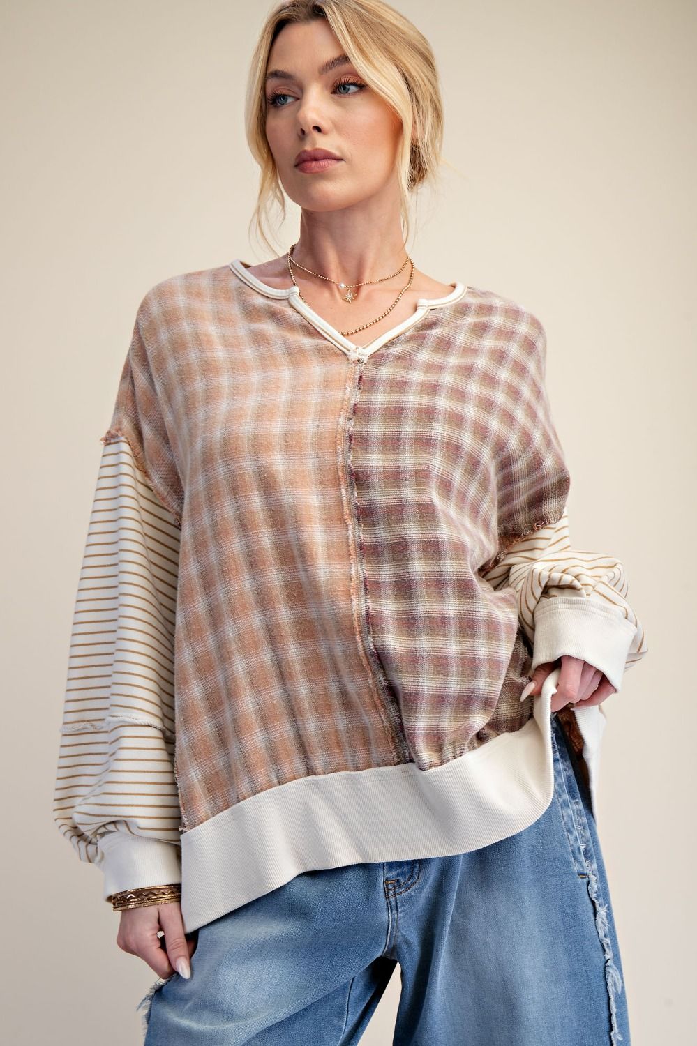 Plaid  and Striped Mineral Wash Top