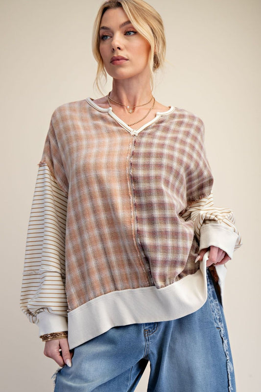 Plaid  and Striped Mineral Wash Top