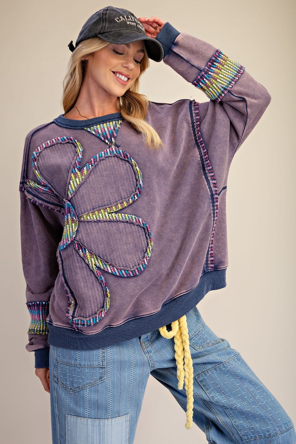 Floral Patch Front Washed Pullover
