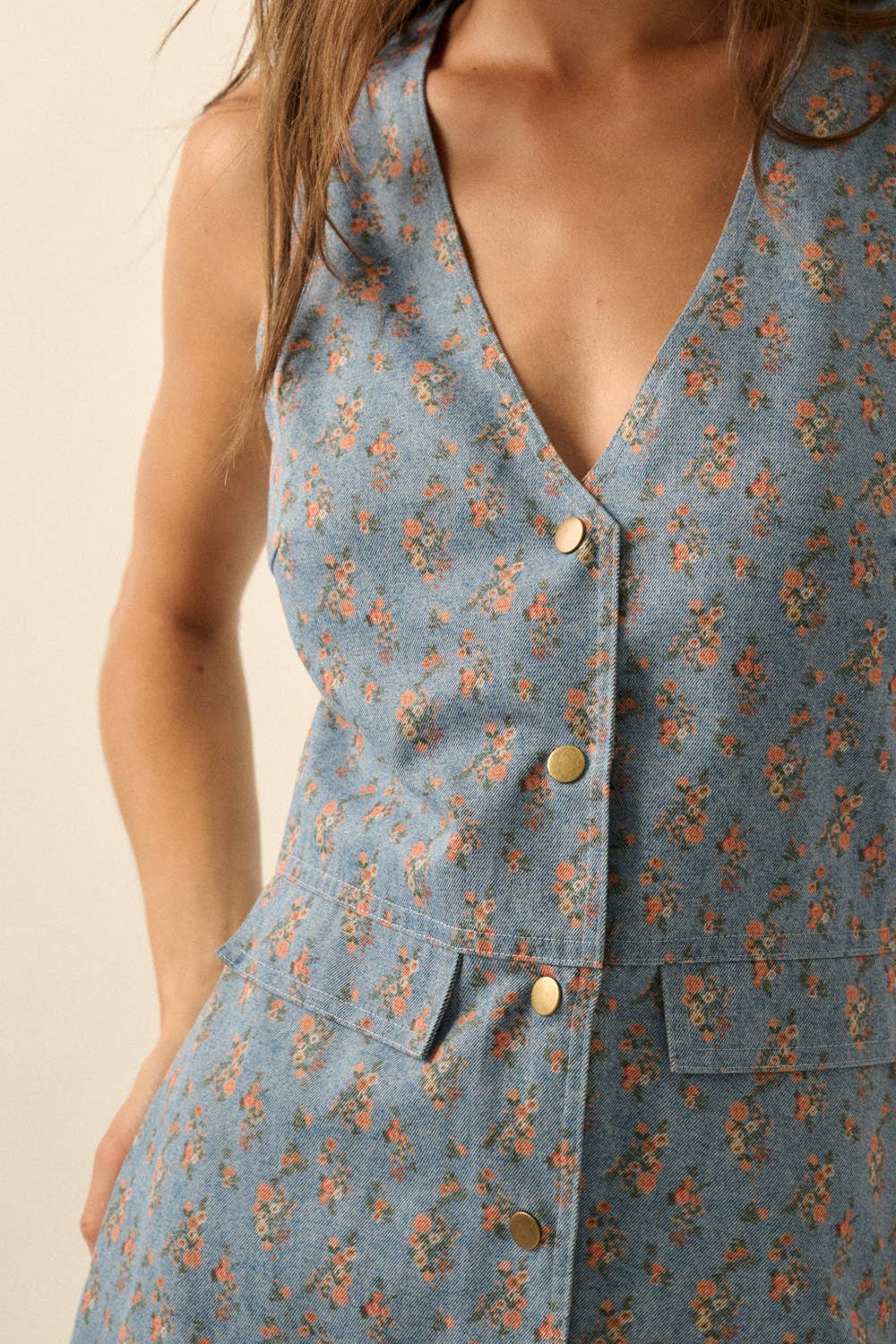 Floral-Print Denim Sleeveless Vest Romper