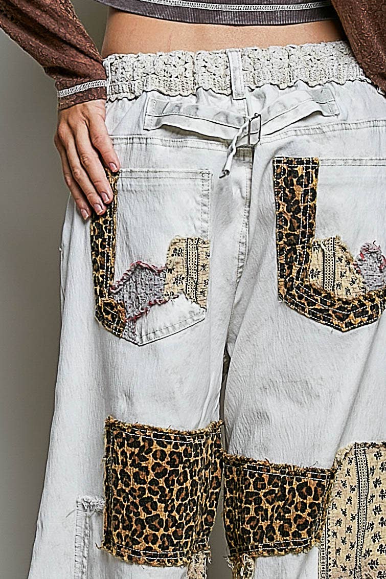 Handcrafted Vintage DIY Patchwork-Style Waistband Wide Pant