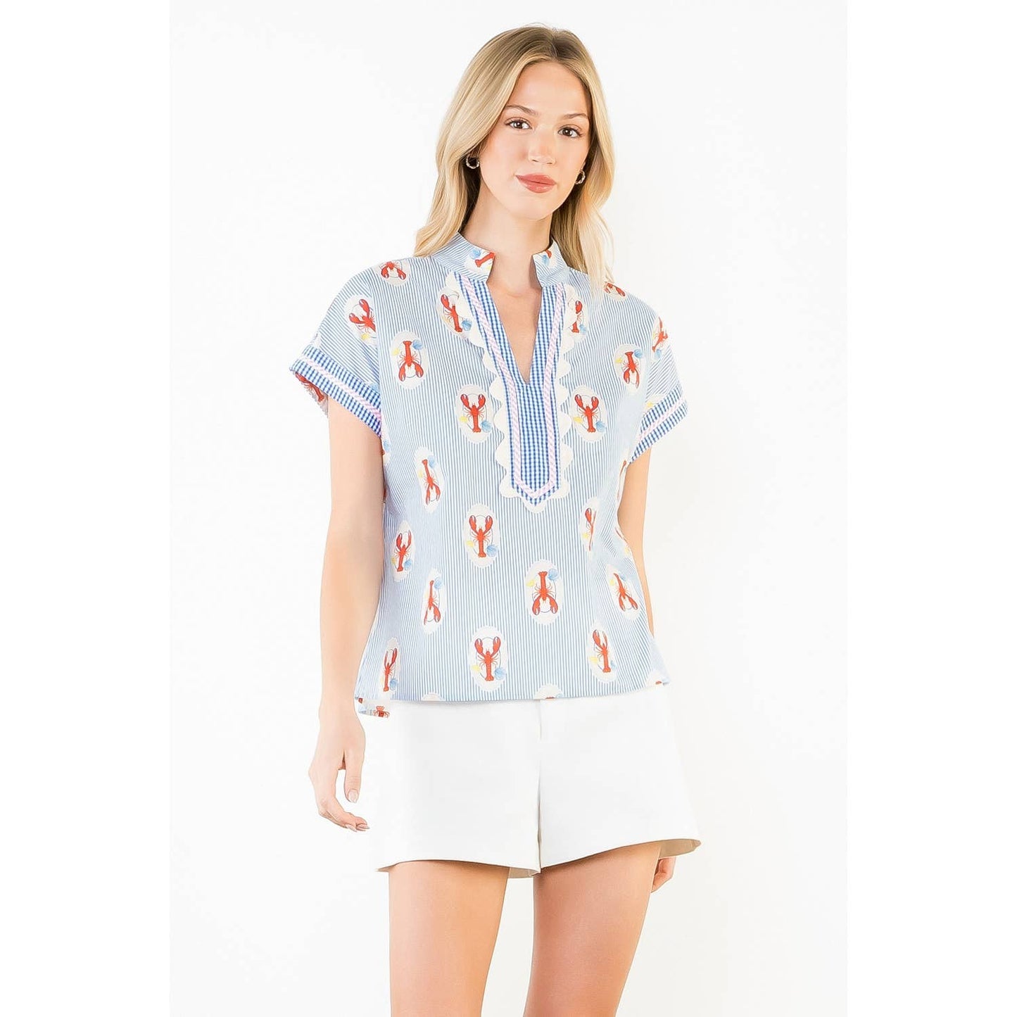 Short Sleeve Lobster Detail Striped Top