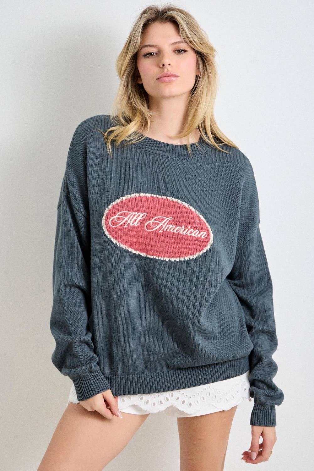 PLUS SIZE ALL AMERCICAN EMBROIDERED SWEATER