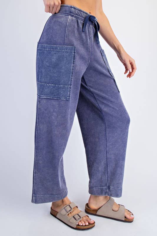 Cropped Mineral Washed French Terry Cargo Pants Blue