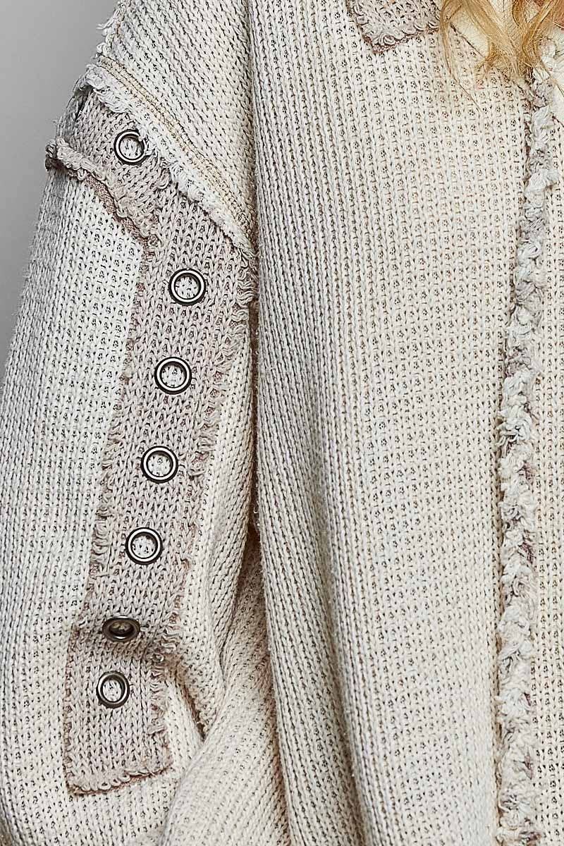 Solid Eyelet Stud Contrast Color Blocked Patch Knit Top