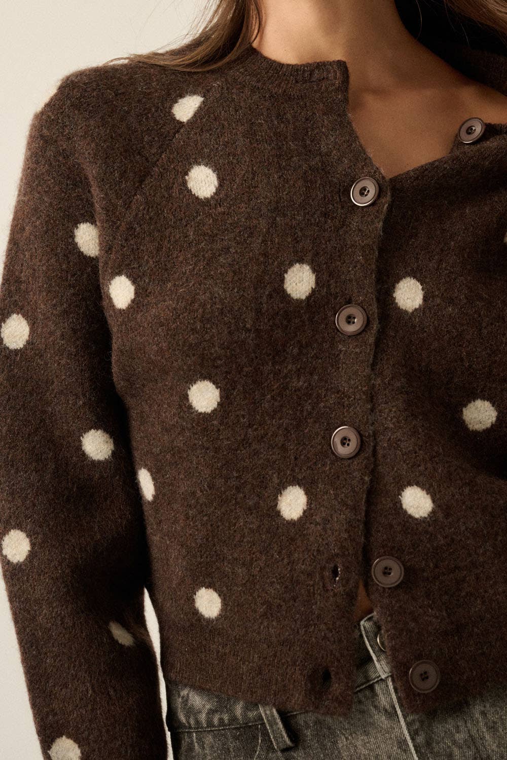 Polka Dot Crew-Neck Cropped Cardigan