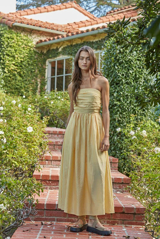 Striped Tube Neck Strapless Flare Maxi Dress