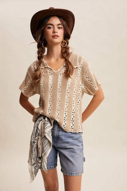 Crochet Stripe Knit Collar Top