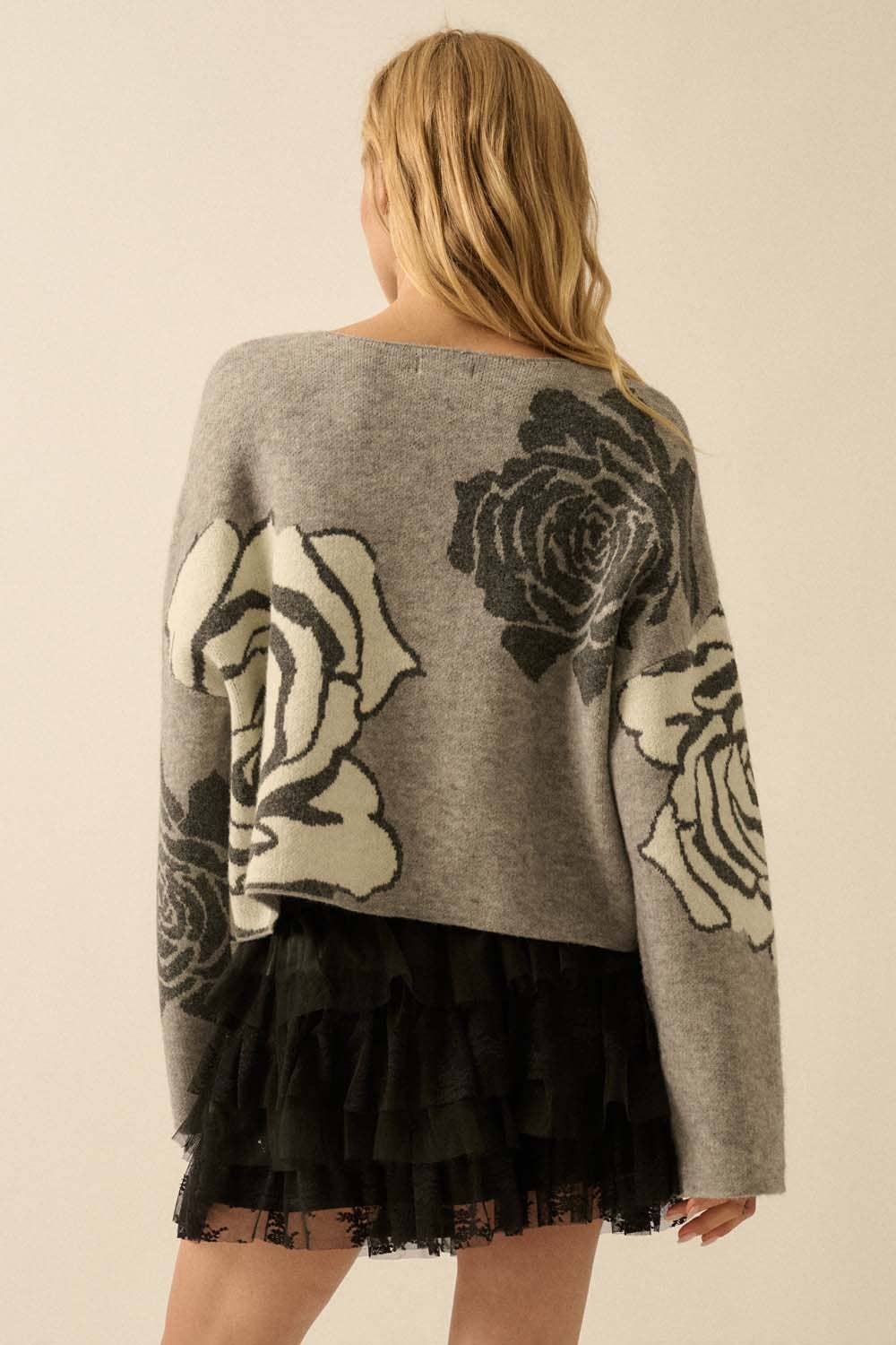 Rose Floral Jacquard-Knit Wide-Sleeve Sweater