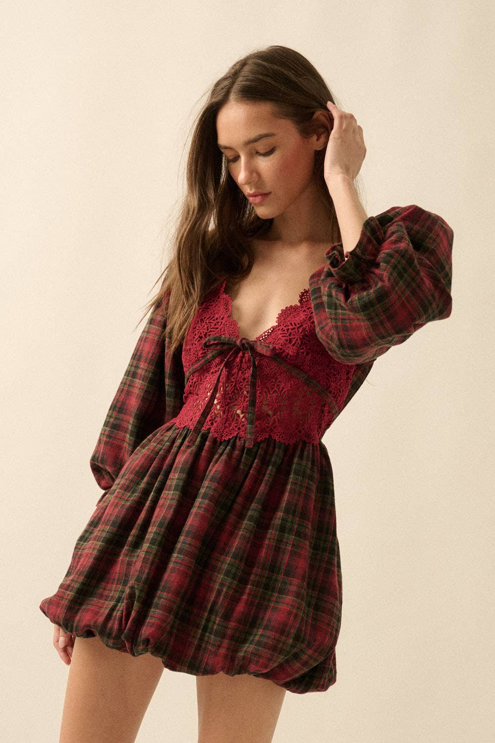 Plaid and Lace Puff-Sleeve Bubble Mini Dress