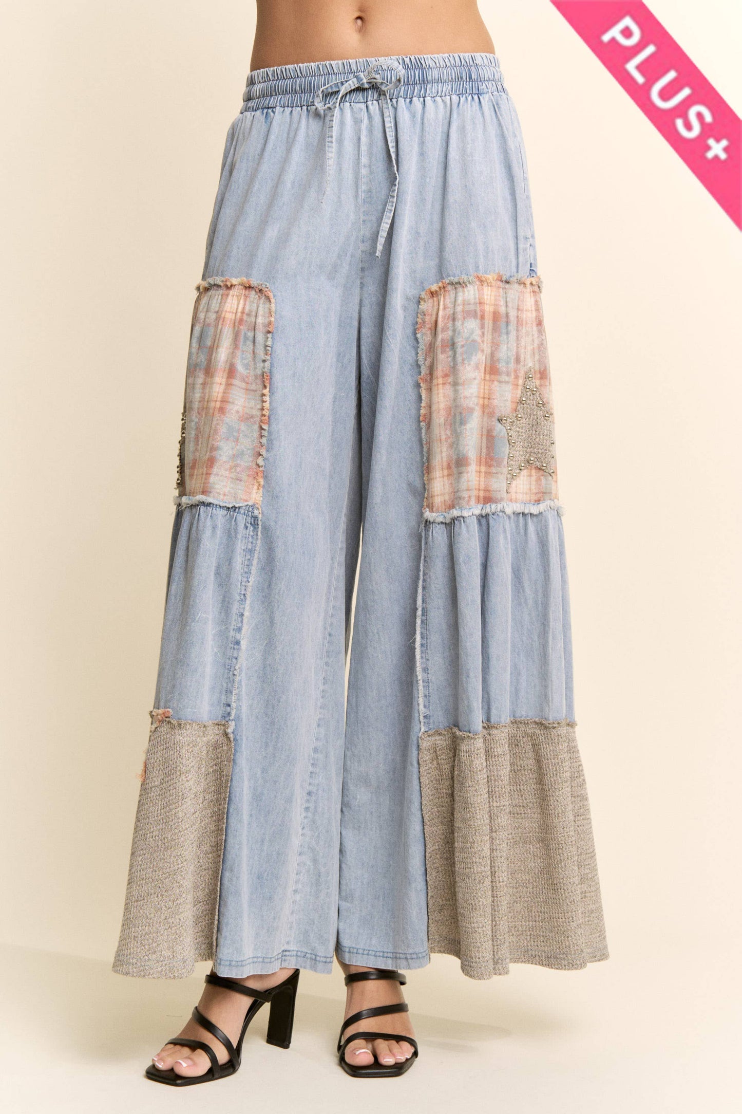 PLUS PRINTED DENIM LACE BLOCKED WIDE LEG PANTS