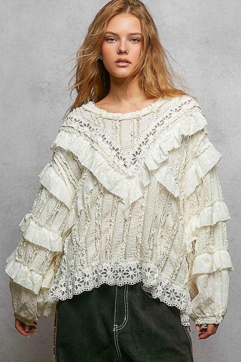 Eyelet Ruffle Raw Edge Trim Lace Solid Knit Top