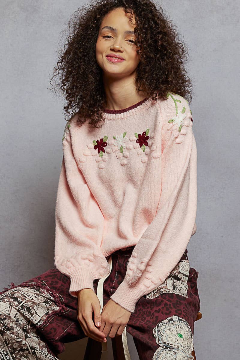 Round neck balloon sleeve floral embroidery sweater top