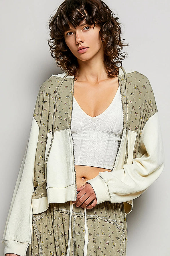 Thermal Contrast Cozy Texture Floral Print Knit Hoodie
