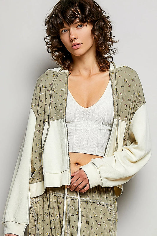 Thermal Contrast Cozy Texture Floral Print Knit Hoodie