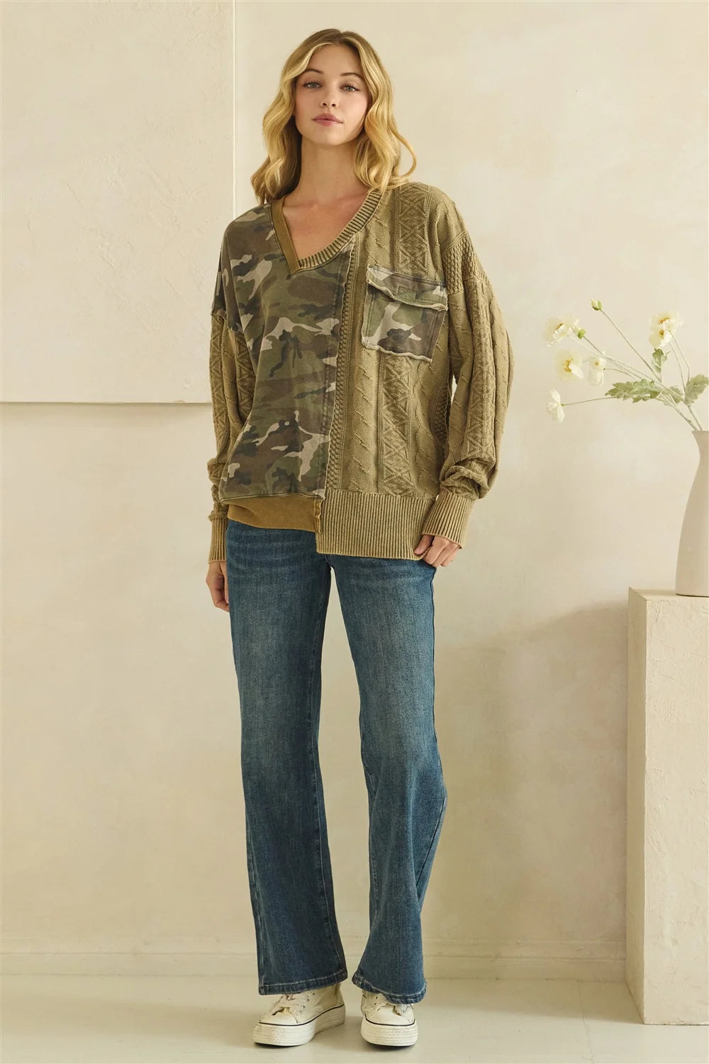 Washed Camo Knit Sweater Mix V Neck Top