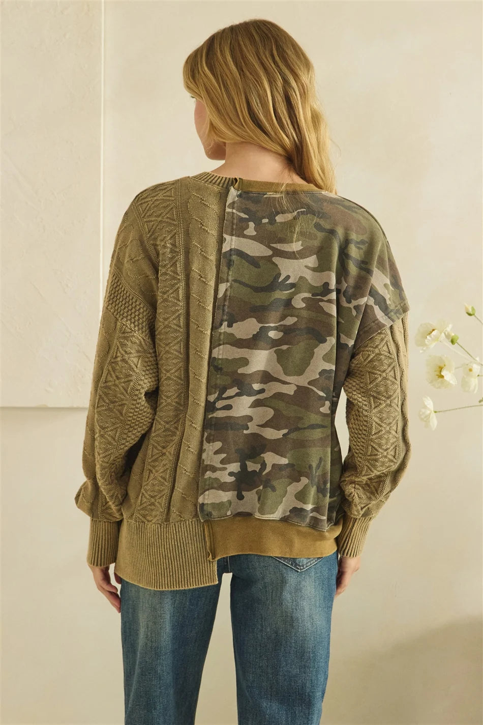 Washed Camo Knit Sweater Mix V Neck Top