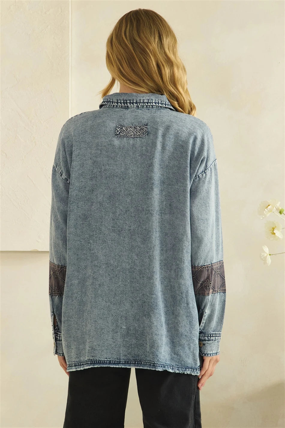 ZIP FRONT PIECED EYELET BUTTON DOWN SHIRT
