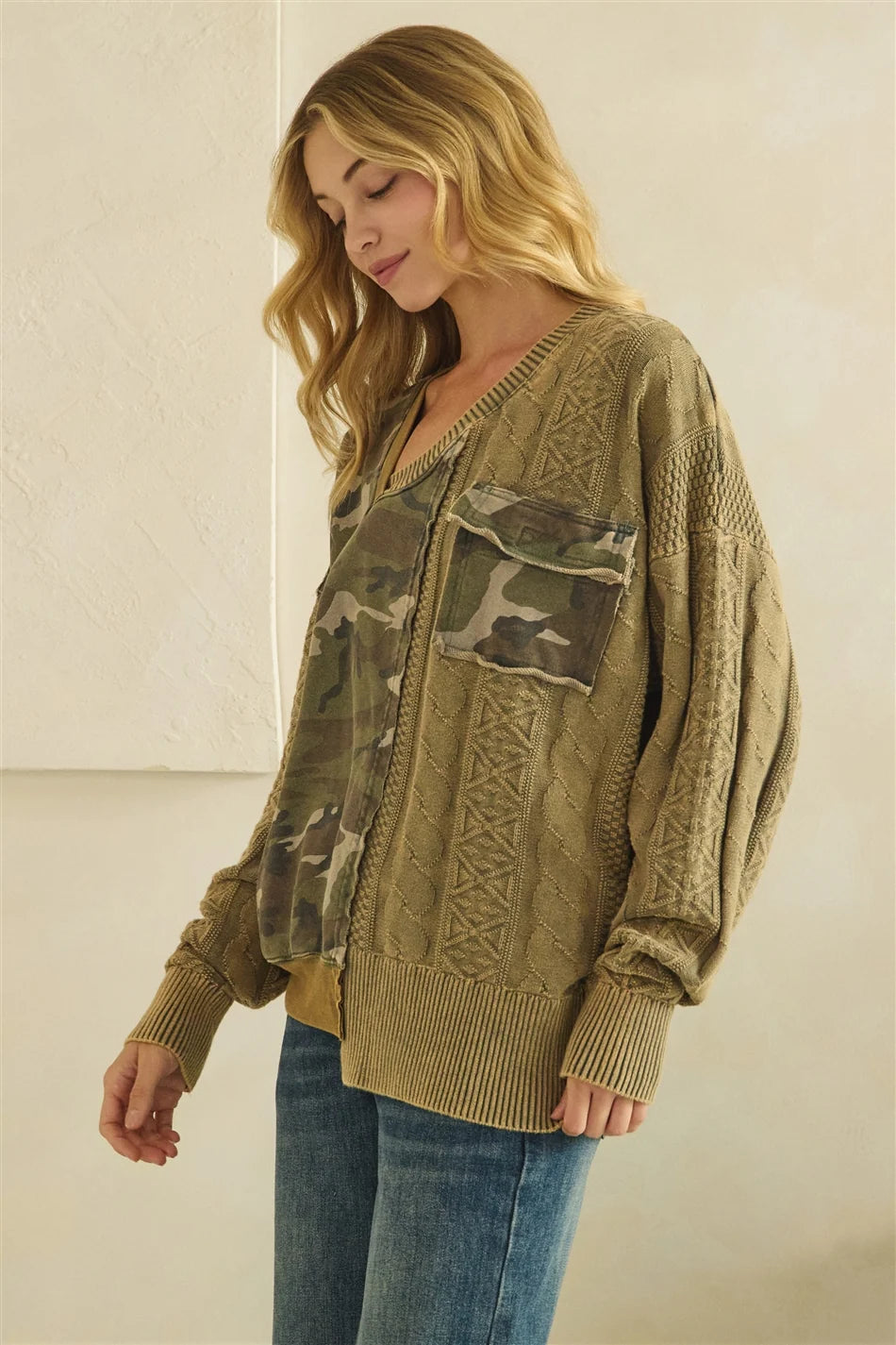 Washed Camo Knit Sweater Mix V Neck Top