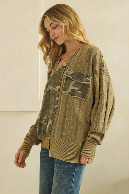 Washed Camo Knit Sweater Mix V Neck Top