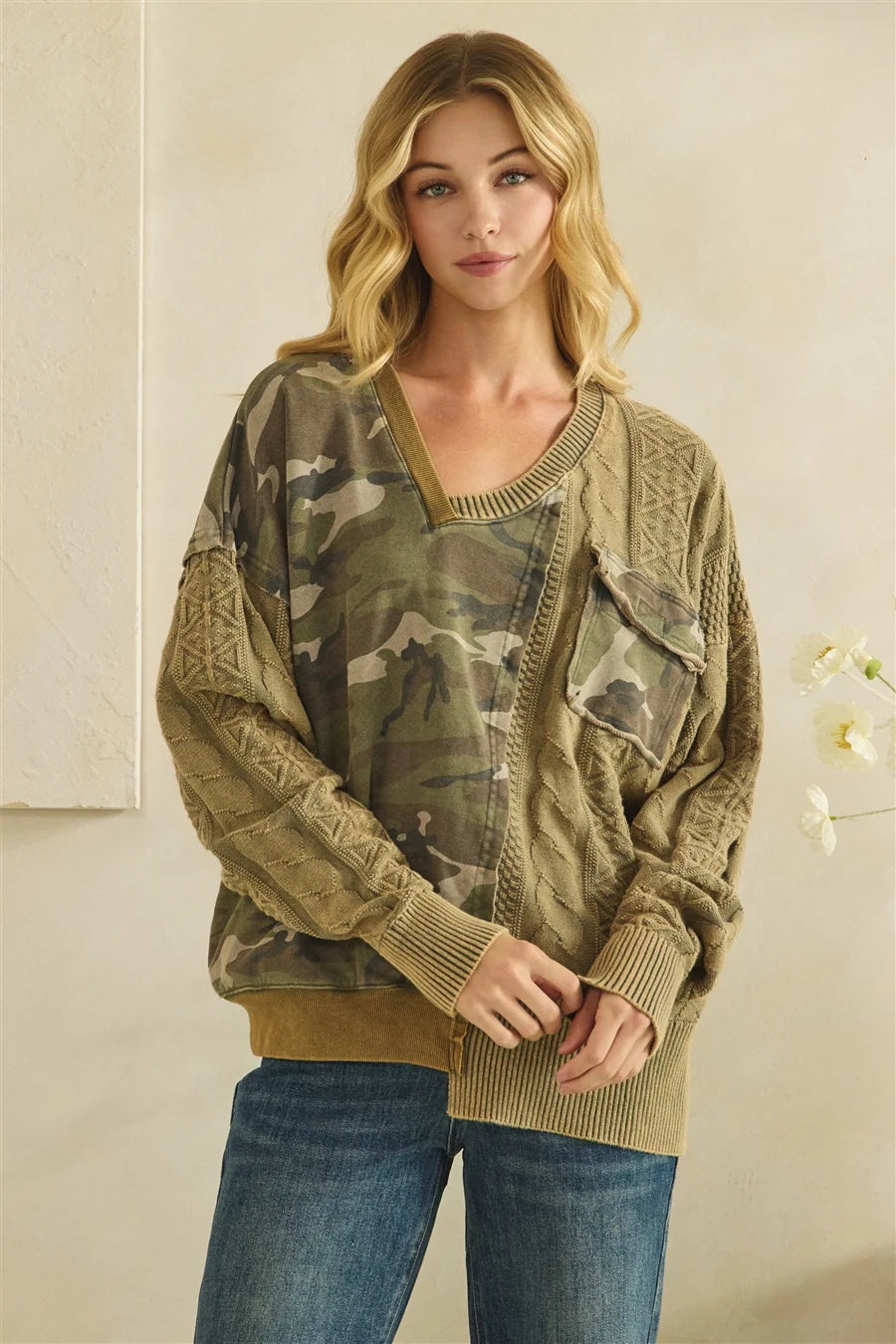 Washed Camo Knit Sweater Mix V Neck Top