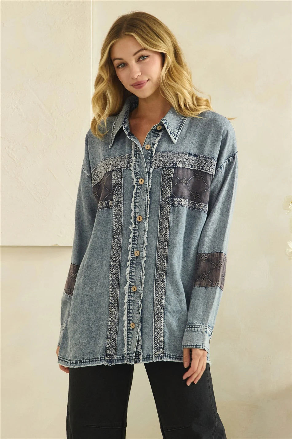 ZIP FRONT PIECED EYELET BUTTON DOWN SHIRT