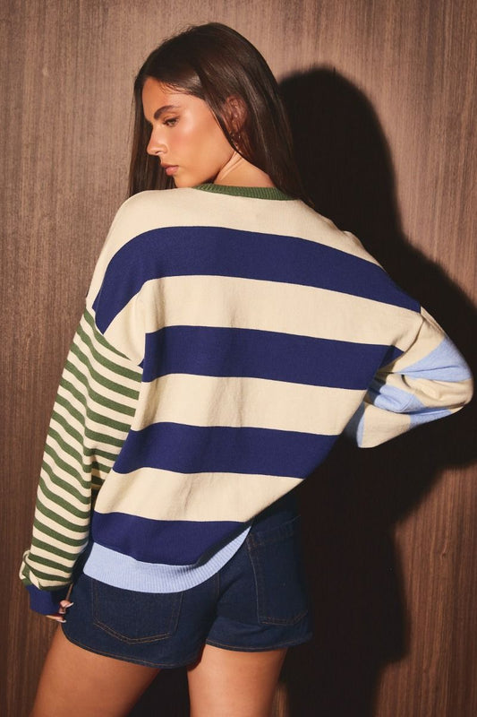 ROUND NECK LONG SLEEVE STRIPE SWEATER TOP