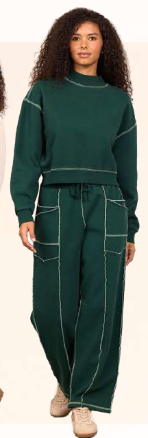 Heavy weight mockneck pine green ivory stitching