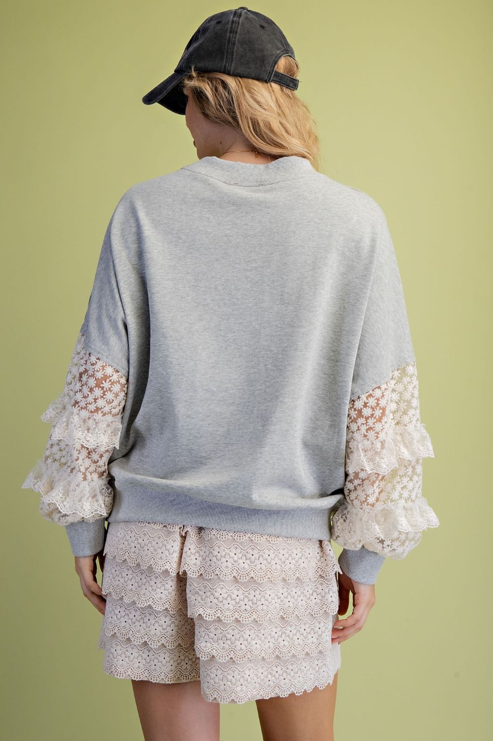 Lace Sleeve Contrast Terry Pullover