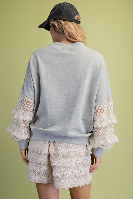 Lace Sleeve Contrast Terry Pullover