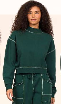Heavy weight mockneck pine green ivory stitching